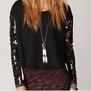 Free People Dark Grey Sequin Sleeve Sweater